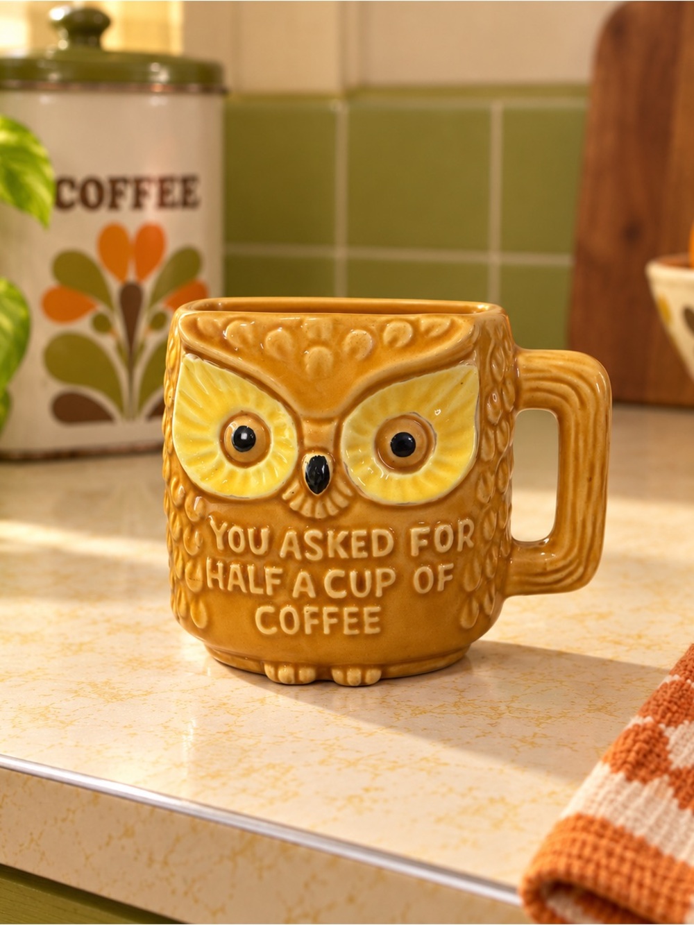 Vintage Owl Half Cup Coffee Mug Funny Gag Gift Mustard Yellow Retro Ceramic